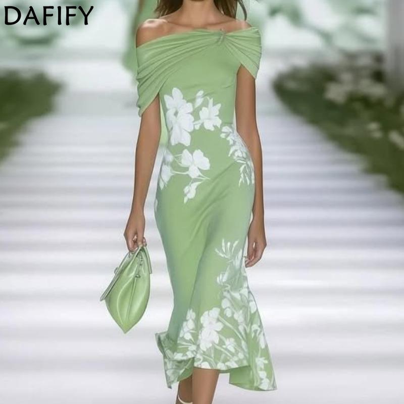 DAFIFY Women's Fashion Summer Spring Flower Pattern Print Short Sleeve One Shoulder High Waist Casual Dresses