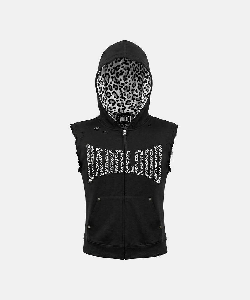 Худи на молнии без рукавов с изогнутым логотипом Badblood - Леопардовый Черный