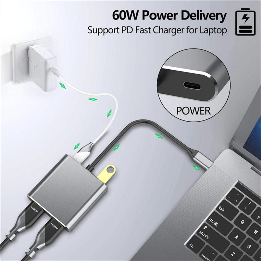 USB Type C Hub to Dual 4K HD HDMI USB 3.0 PD Порт зарядки Адаптер док-станции USB-C Поддержка двухэкранного дисплея для MacBook