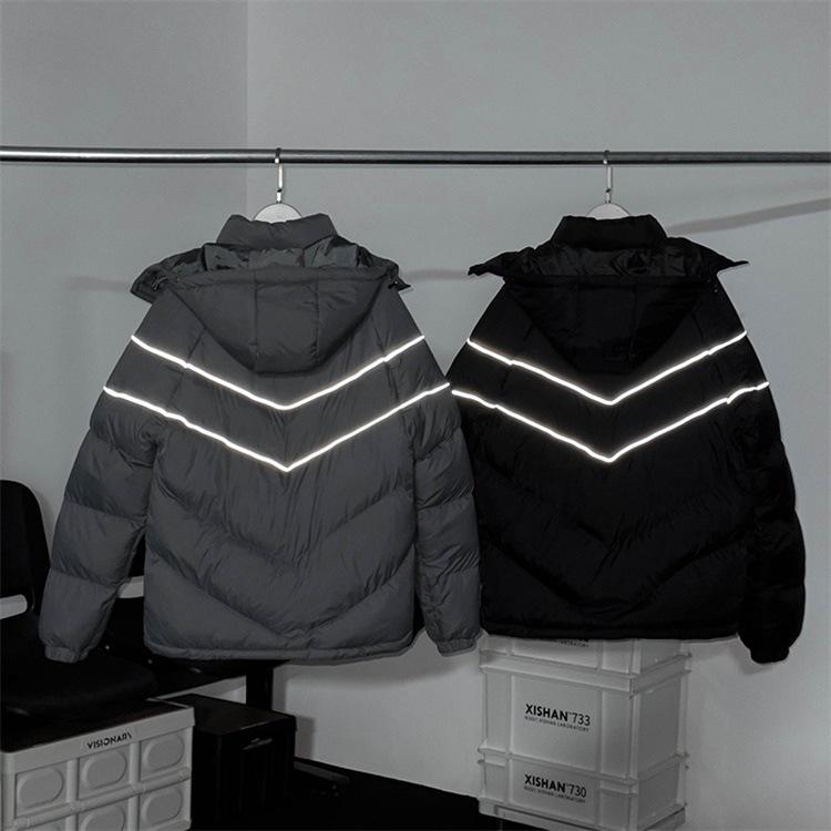 Men's American Style Black Hooded Jacket: Reflective Stand Collar, Winter Cotton, Casual Loose Fit.