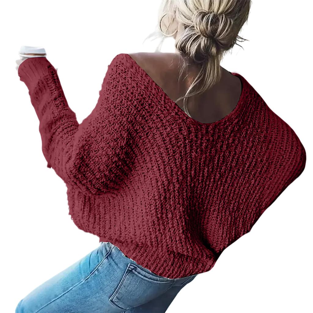 Ladies' Fashionable V-neck Slim Fit Long Sleeved Knitted Top