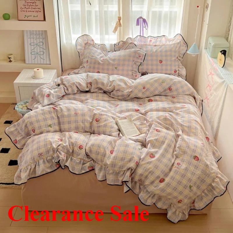 2025 новый кремовый кружевной девичий пудровый клетчатый корейская версия кровать 4 предмета стиранный хлопок двухслойная пряжа пододеяльник общежитие