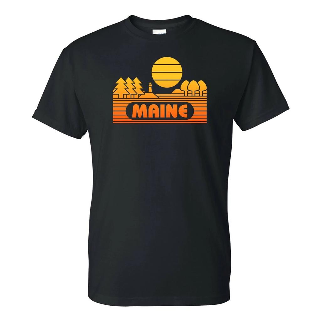 Maine Groovy Sunset - Landscape Vacation Home State T Shirt - Black