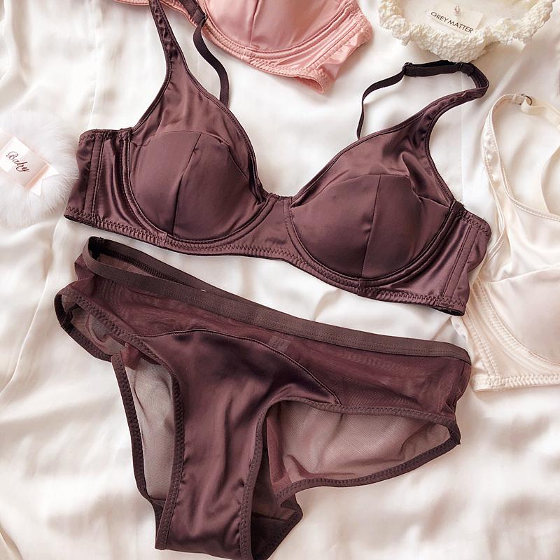 Women Ice Silk Comfort Underwear Sexy Small Breast Push Up Bra Set Detachable Padding Thin Cup Brassiere Intimates Panties Set