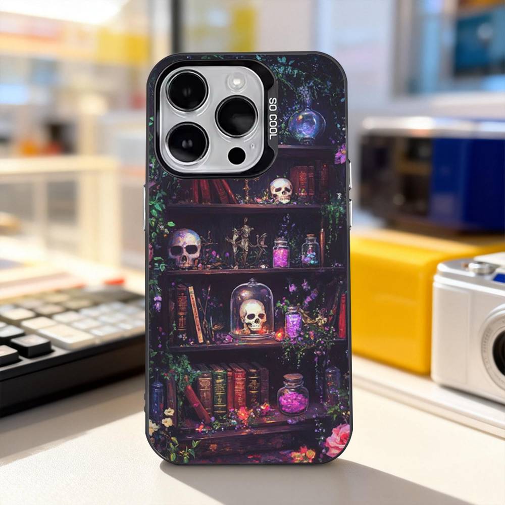 Винтажный книжный стеллаж S-Skull для iPhone 11,12,13,14,15,16,17,Pro,Max,Plus,E,Air,Mini, Чехол для телефона IMD Матовый черный