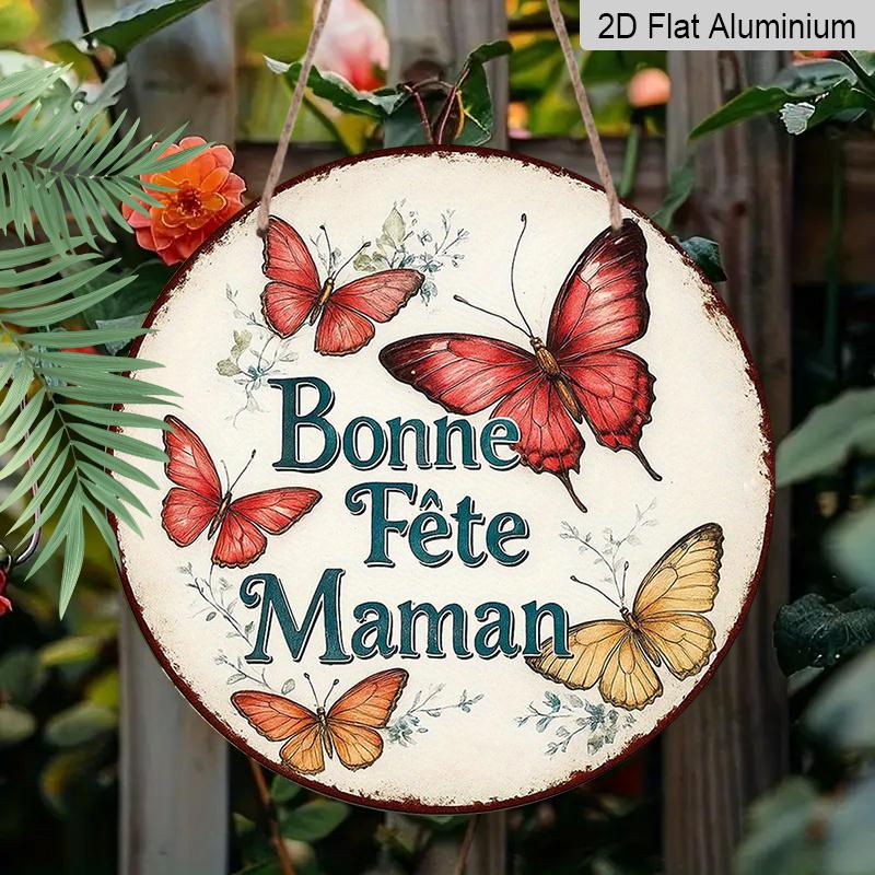 2D Flat, 1pc 7.87x7.87 Inch Round French Aluminum Sign, "Happy Mother's Day" Vintage Decorative Plaque, Butterfly Theme, Suitable for Decorating