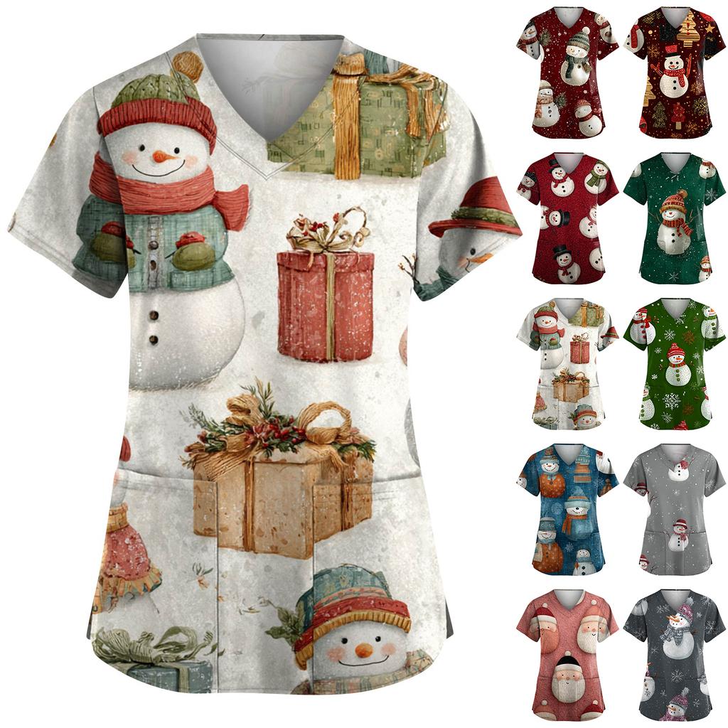 Women's Fashion V-Neck Short-Sleeved Workwear With Pockets Christmas Print Top Caregiver Uniform