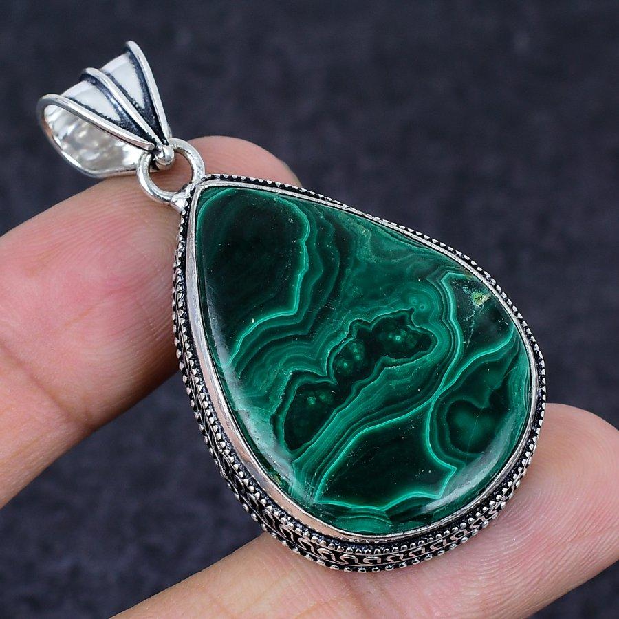 Natural Malachite Gemstone 925 Sterling Silver Jewelry Pendant 2.17" b5U79