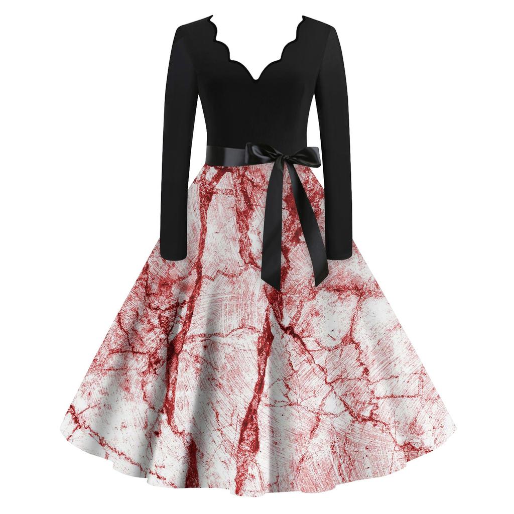 Женские повседневные модные винтажные длинные платья с длинным рукавом на Хэллоуин и графическим принтом