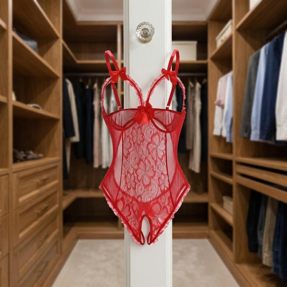 Mesh Hollow Women Underwear Open Crotch Sleeveless Jumpsuits Sweet Lace Bow Bodysuit Home