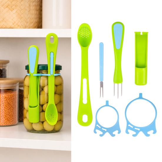 Olive Spoon Set, Hands-Free Long Handle Jar Clamps, Multi-Functional Pickle Grabber Tool, for Olives Can Onion Cucumber