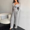 Women Two Piece Sets Sexy V-neck Long Sleeve Shirts Loose High Waist Wide Leg Pant Sets Lady Running Tracksuits