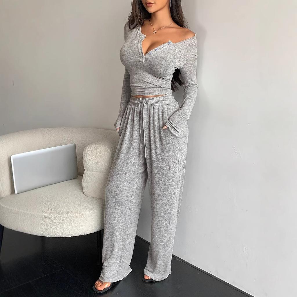 Women Two Piece Sets Sexy V-neck Long Sleeve Shirts Loose High Waist Wide Leg Pant Sets Lady Running Tracksuits