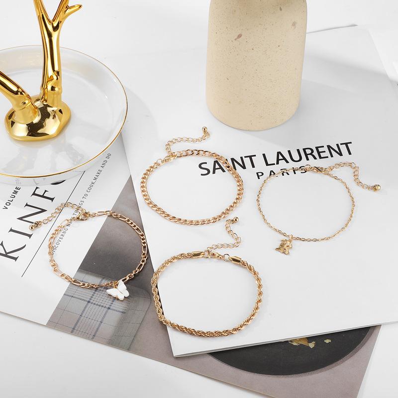 Punk Style Hollow Letter Pendant Anklet, Diamond-Encrusted Butterfly Tassel Pendant 4-Piece Anklet Set
