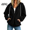 Свободная женская толстовка с капюшоном на молнии quarter zip из флиса, оверсайз, с длинным рукавом, универсальный верх для многослойности, капюшон на шнурке, карман-кенгуру,