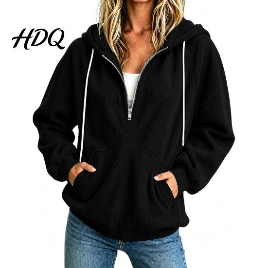 Свободная женская толстовка с капюшоном на молнии quarter zip из флиса, оверсайз, с длинным рукавом, универсальный верх для многослойности, капюшон на шнурке, карман-кенгуру,
