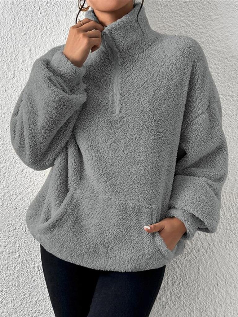 Женская толстовка с воротником-стойкой, модный однотонный пуловер из шерпа, повседневная верхняя одежда