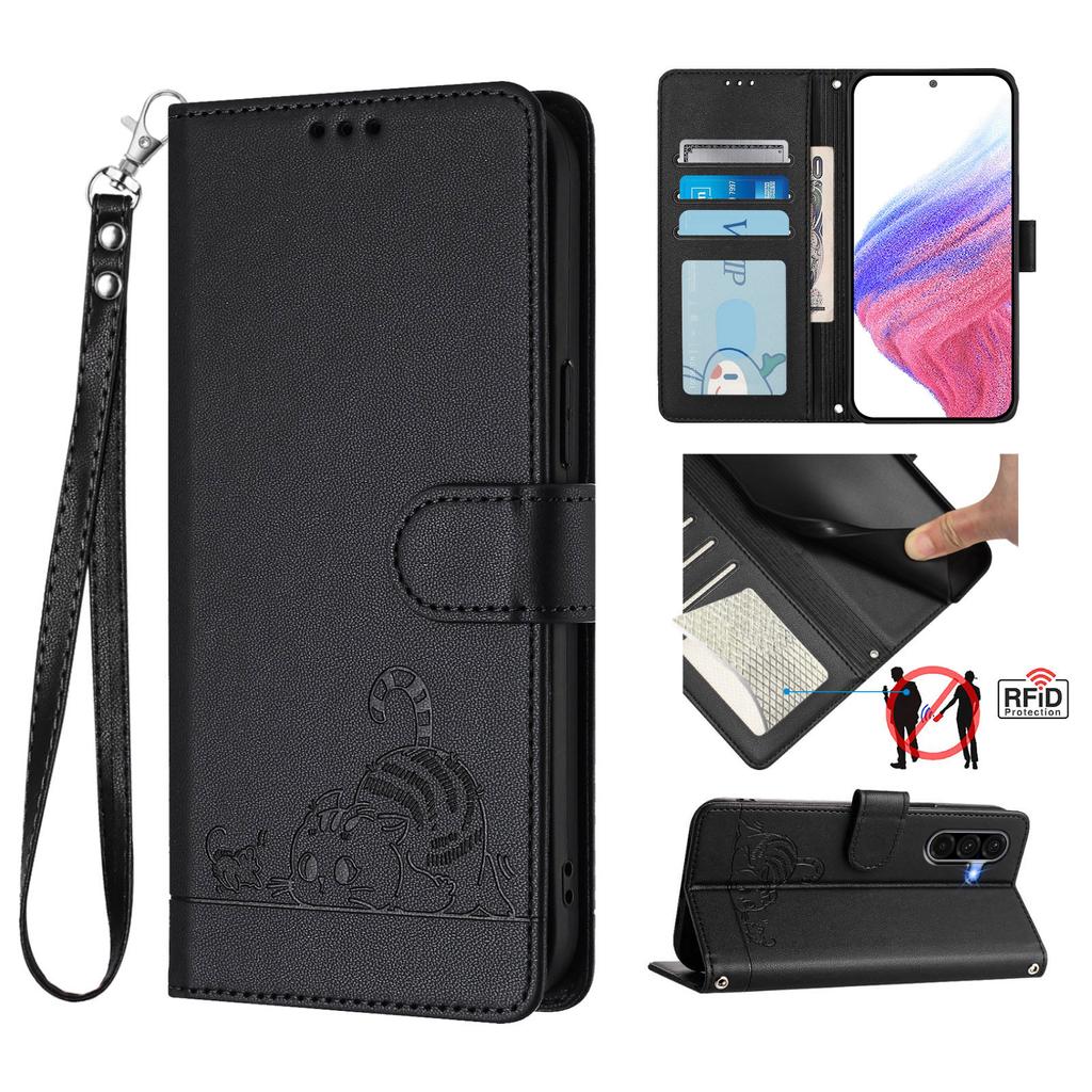 For Samsung Galaxy A36 5G Case with Strap RFID Blocking Leather Wallet Phone Cover Cat Mouse Pattern