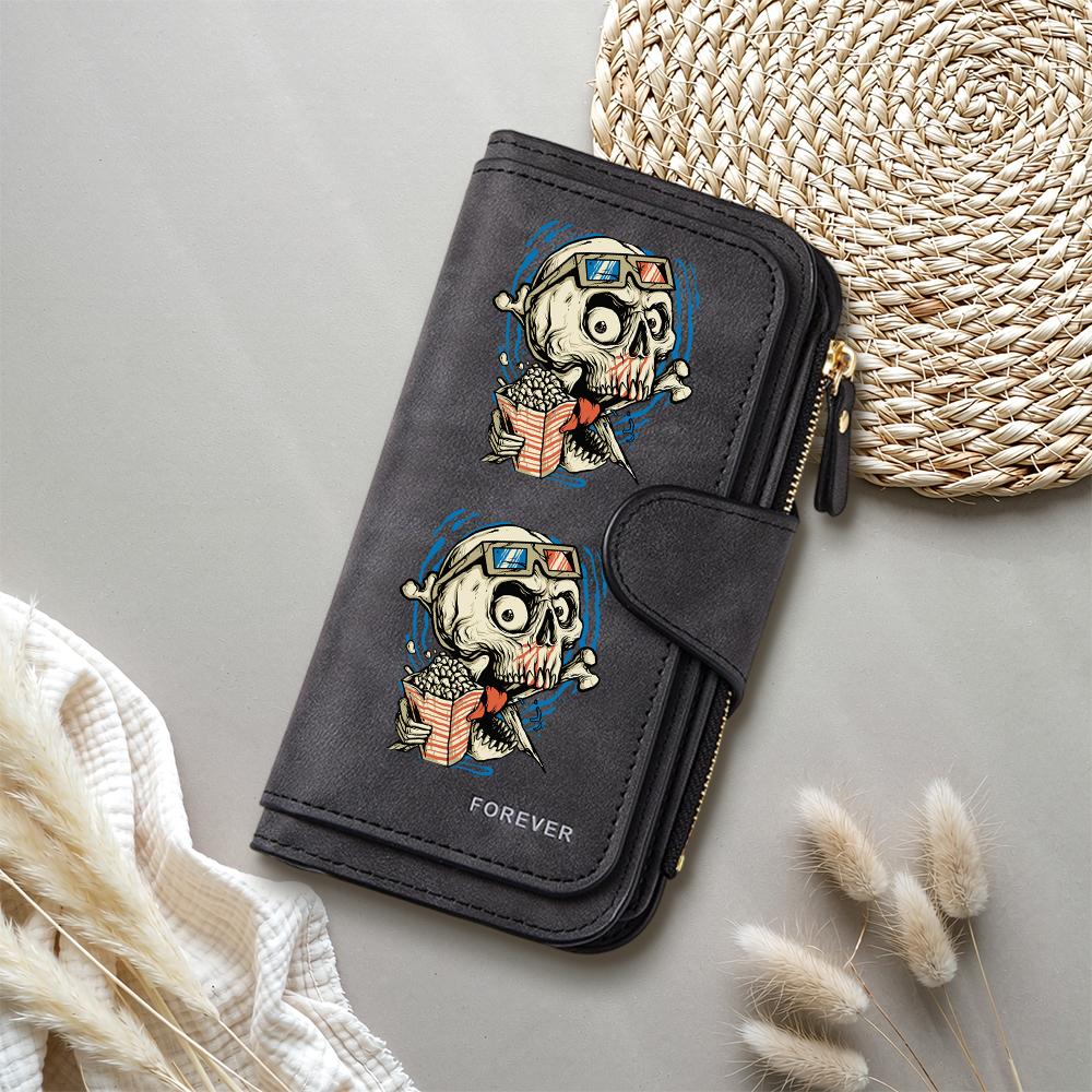 Cool Skull Pattern Long Wallet for Men Women Multi Card Holder PU Leather Purse