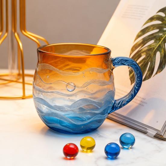 Yousheng Кружка «Закат над океаном» с волнистым узором, стакан для воды 350 мл, тематика океана, чашка для питья, художественная емкость для напитков для любителей пляжа