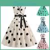 Sexy Womens Qunide Summer Retro Vneck Sleeveless Polka Dot Print Black Ribbon Waist Large Swing Dress