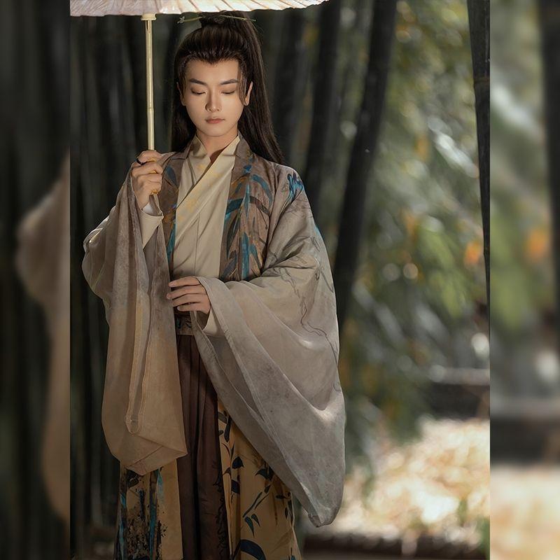 Китайский стиль династии Вэй и Цзинь, Ханфу, комплект с длинным рукавом и воротником с принтом, юбка длиной до талии