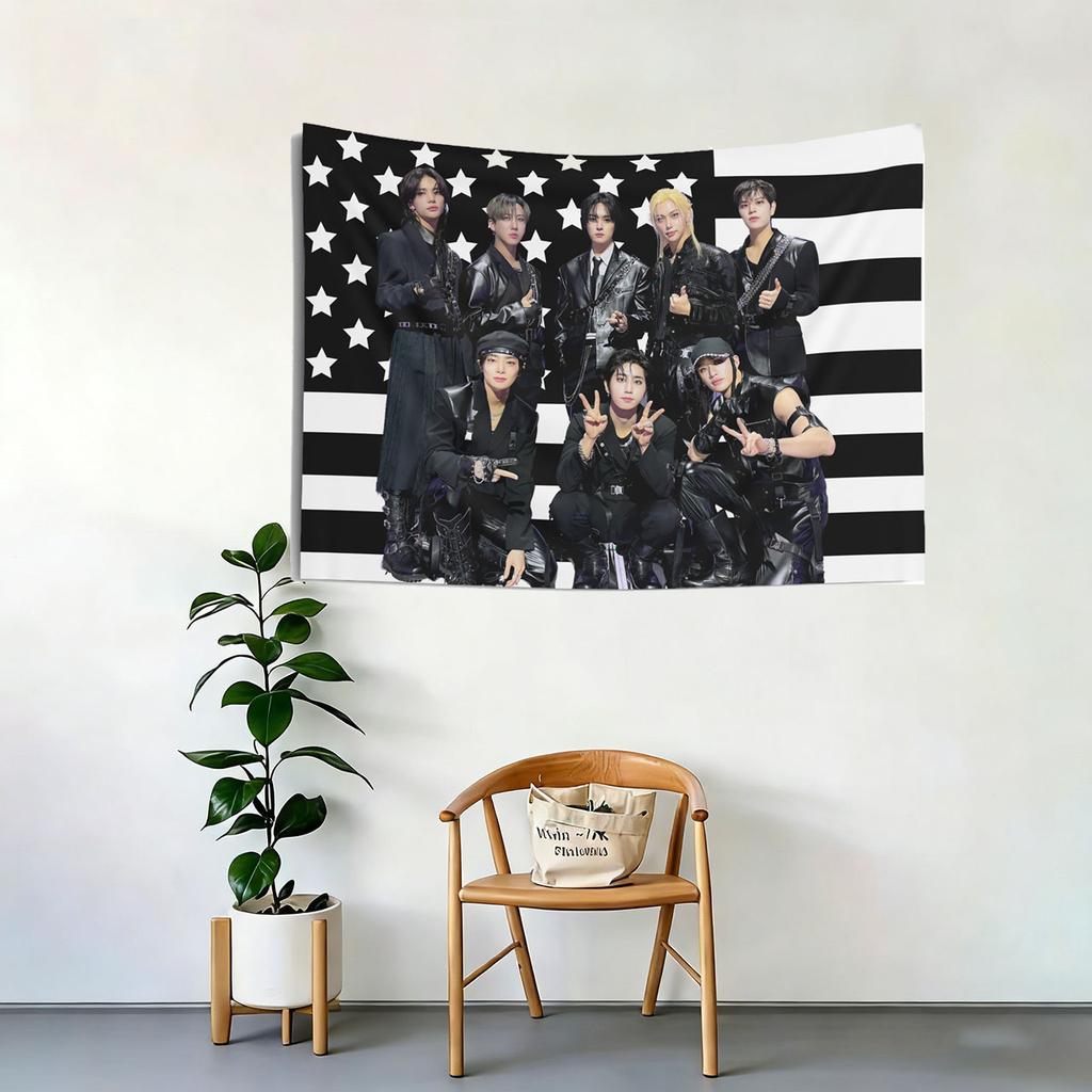 SKZ  DominAte 2025 Tour Black American Flag Tapestry SKZ Ate Concert Banner Kpop Wall Decor Flat Print