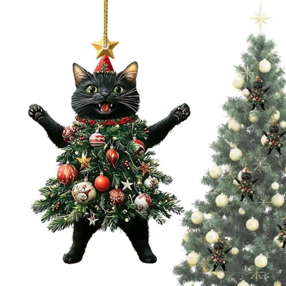 Cartoon Christmas Cat Pendant 2D Cat Hanging Ornaments Creative Xmas Tree Ornaments  Christmas Day