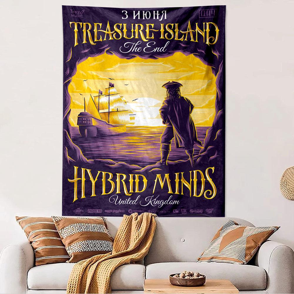 Тканевое панно «Остров сокровищ» Hybrid Minds, Арт-постер мероприятия Drum and Bass, Музыкальный декор стен для спальни, гостиной, общежития