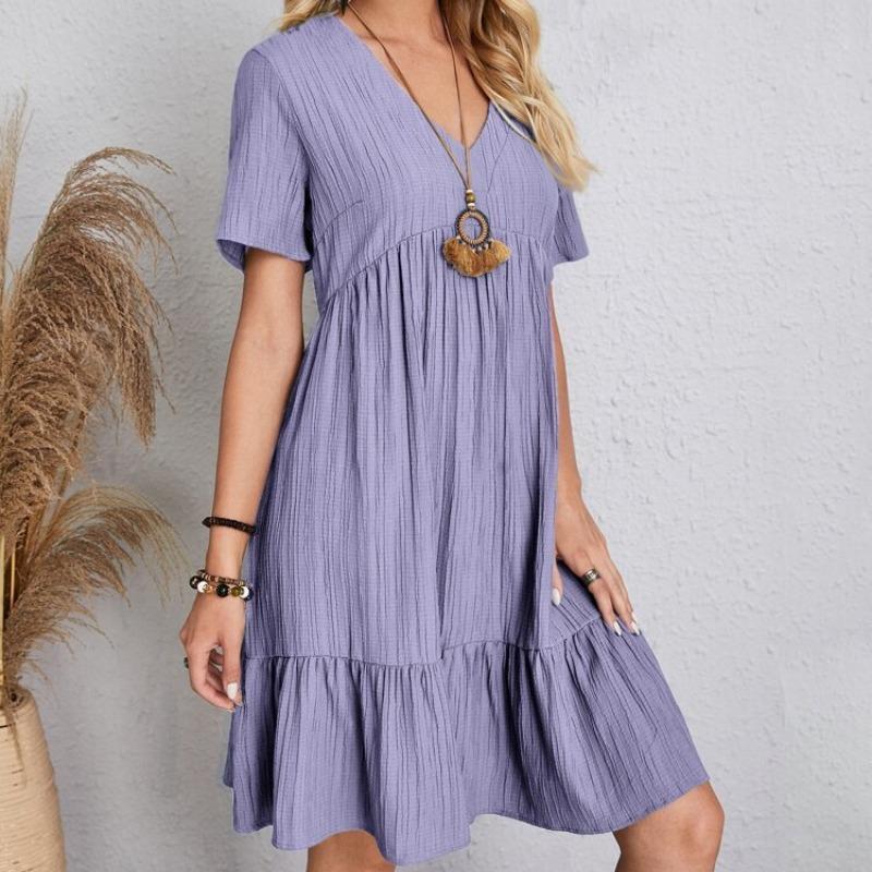 Летние свободные однотонные женские повседневные платья с коротким рукавом, модное винтажное элегантное сексуальное платье с баской, женское свободное платье с оборками на талии 25924