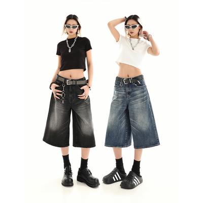 Ретро свободный силуэт выстиранные старые укороченные джинсовые шорты мужские летние дизайнерские широкие брюки средней длины