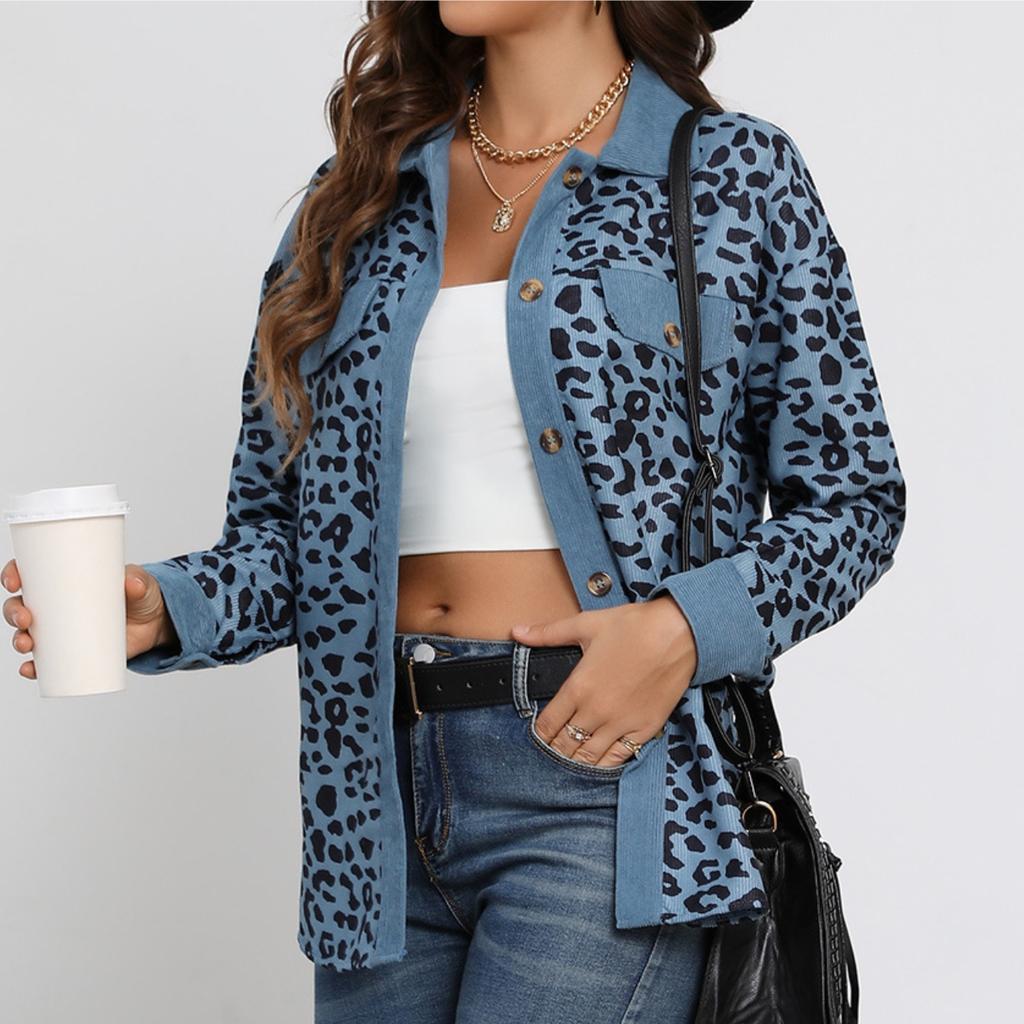 GMXIA Женские винтажные повседневные свободные куртки и пальто с леопардовым принтом на пуговицах, осень-зима с длинными рукавами и воротником-поло