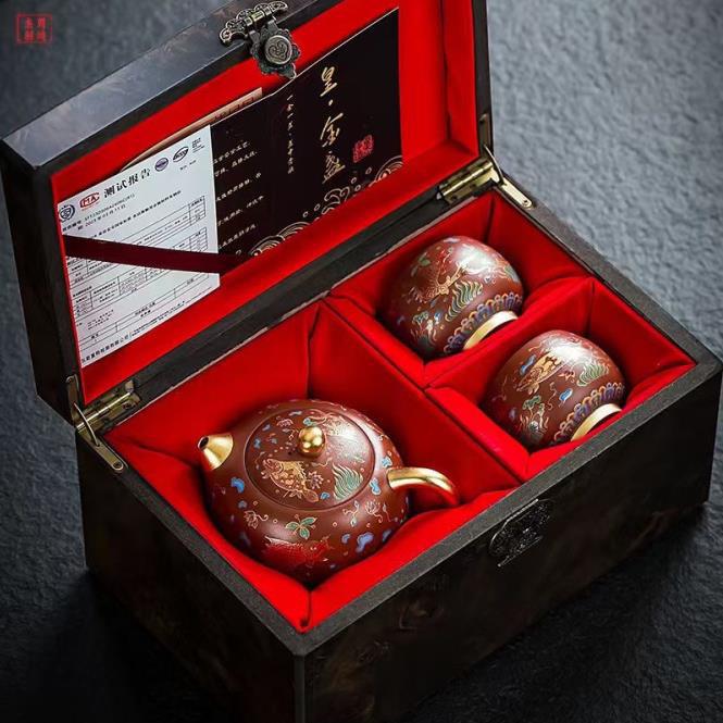 Purple sand Xishi pot, one pot and two cups, master handmade household tea set, Zhu Ni Dahongpao gilt high-end gift box set
