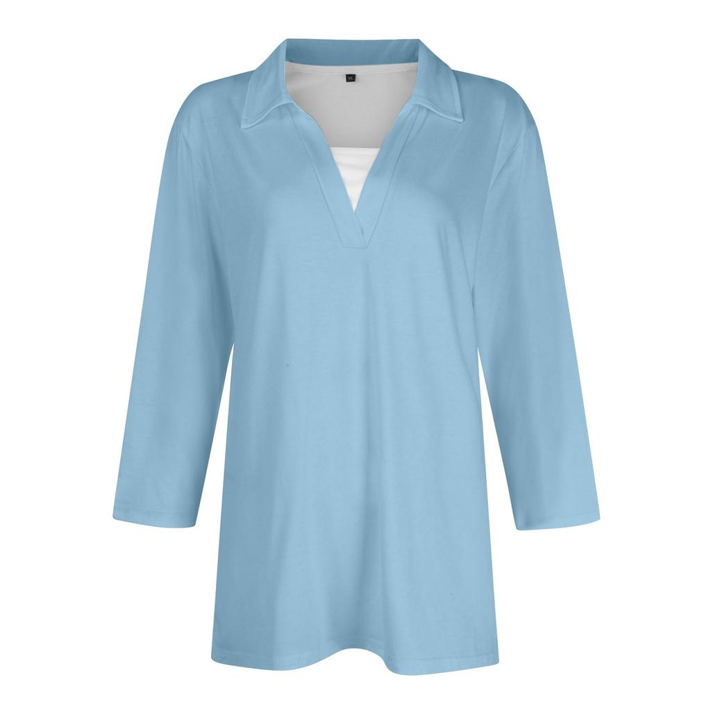 Женская модная повседневная свободная однотонная футболка с рукавом 3/4 с лацканами, женский топ