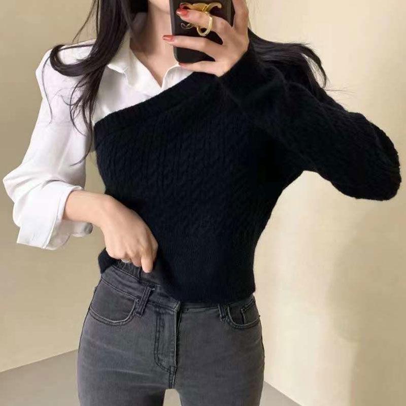 Pullover Korean Chic Autumn Niche Design Lapel Splicing Shirt Fake Two Fried Dough Twists Pattern Knitted Sweater Women