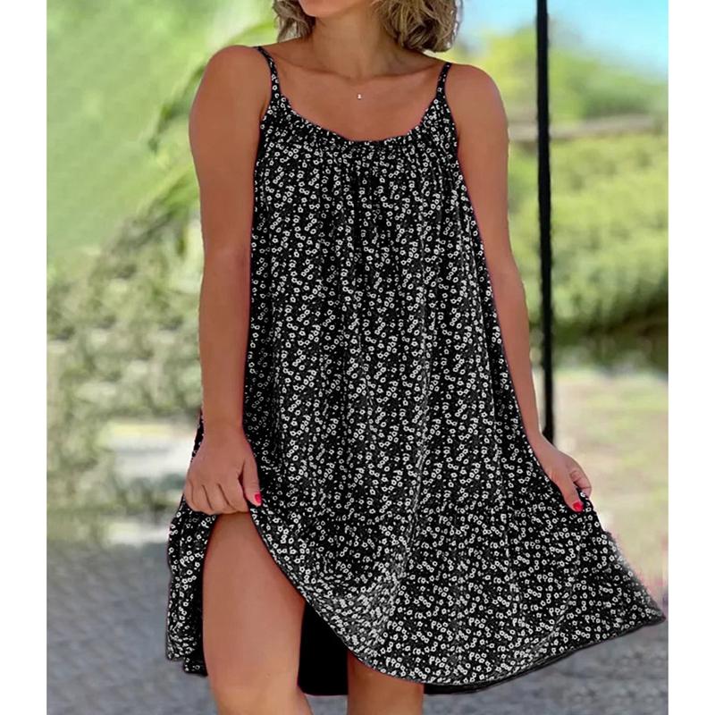 Женская модная одежда, повседневное летнее платье без рукавов с глубоким v-образным вырезом для женщин, пляжные платья с цветочным принтом, женские свободные мини-юбки для вечеринок, большие размеры