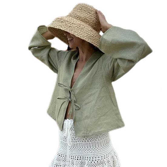 Женская рубашка с v-образным вырезом и длинным рукавом, свободная посадка, однотонная рубашка, топы, летний кардиган на шнуровке с бантом, рубашка с завязкой на галстуке, топ