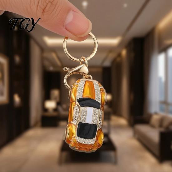 Enamel Key Chain Sports Car Keychain with Sparkling Rhinestones, Durable Zinc Alloy Accessory Stylish Pendant, Decorative Compact Ring for Backpacks