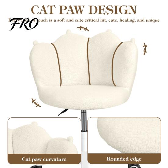 Soft Vanity Chair Swivel Stool with Cat Paw Backrest, Height Adjustable & 360 Degrees Manicure Rotation, Armless Dressing Stool, Plush Support