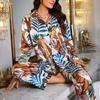 Spring Autumn Pajamas Women's Satin Printed Two Piece Long Sleeve Top Long Pants Casual Comfortable Home Clothes Two Piece Set