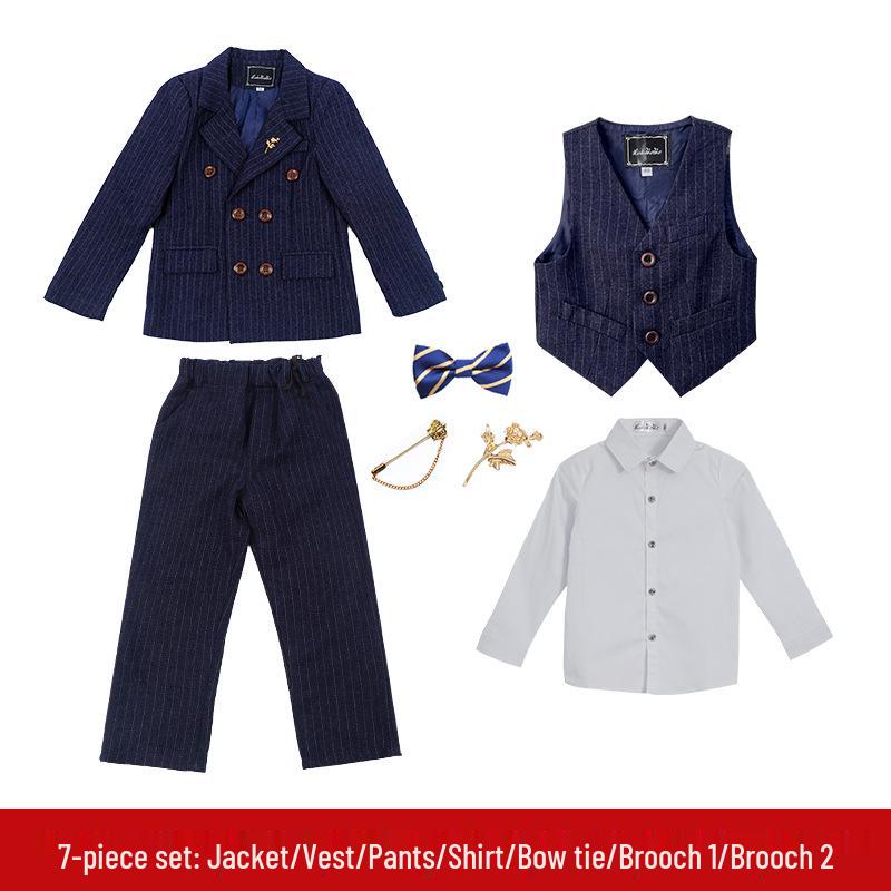 British Style Double-Breasted Boys' Three-Piece Striped Suit Set for Spring and Autumn
