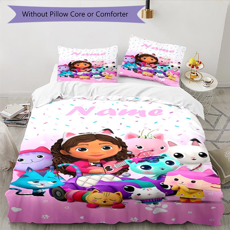 3pcs Custom Name Gabby's Dollhouse Bedding Set Duvet Cover Closure Includes 1 Duvet Cover & 2 Pillowcases, Soft and Comfortable for All Seasons.