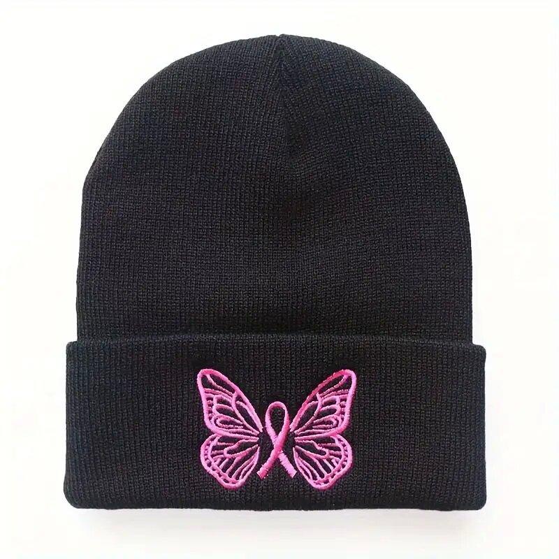Butterfly embroidered flower knitted beanie versatile men's and women's warm wool hat outdoor cycling pullover hat