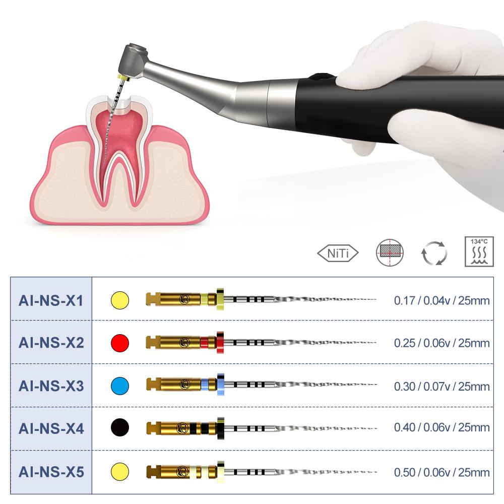 AI-NS любящий файл Корневой канал Переменная конусность Серпантинная форма Следующая серия Silver NiTi сверло с термоактивацией 25 мм с прямоугольным поперечным сечением