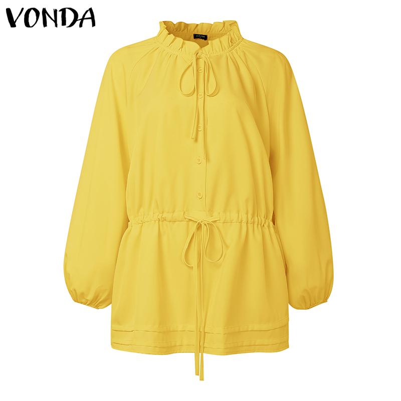 VONDA Женские повседневные блузки-рубашки с воротником-стойкой, однотонные, с длинным рукавом, с кулиской на талии