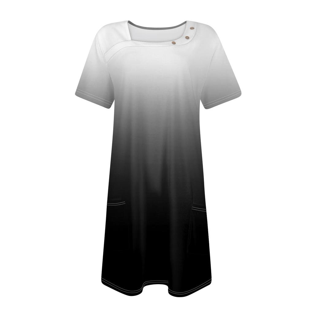 Женская мода, летние платья с квадратным вырезом и короткими рукавами, повседневные свободные платья с карманами и пуговицами, градиентные платья