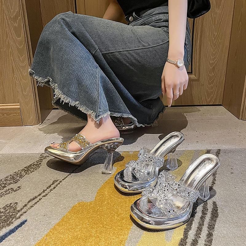 Summer new crystal heel H-shaped flash diamond simple classic broadband Korean version open-toed high-heeled women's shoes fashion mother drag