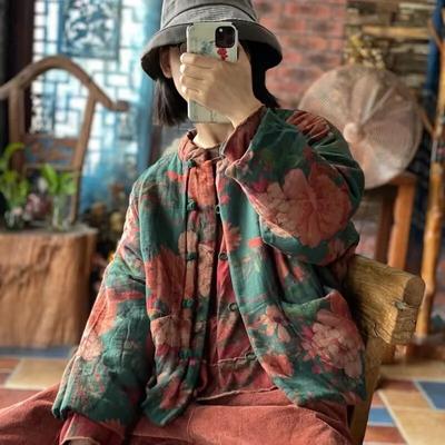 Льняные принты, винтажные женские пальто в китайском стиле, весенние свободные пальто с длинными рукавами и круглым вырезом в стиле ретро, ​​парки с карманами