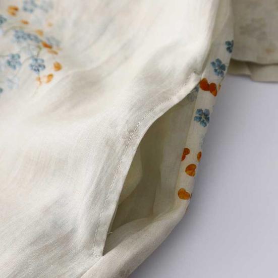 Vintage Floral Print Midi Cheongsam Qipao Dress for Women Loose Short Sleeve Chinese Style Dress with Pockets for Wedding