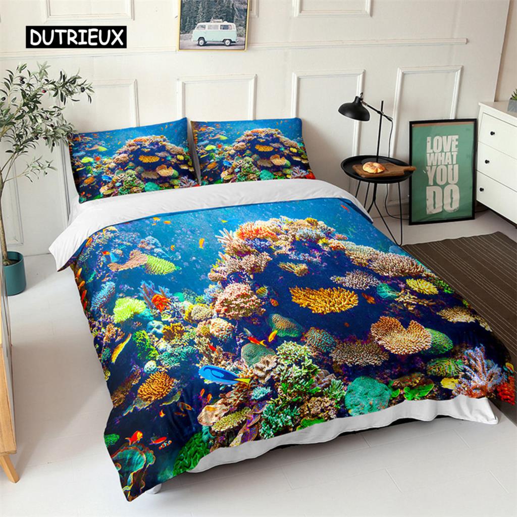 Комплект постельного белья Ocean с изображением синих морских рыб и 3D-принтом для детей. Мягкий полиэстеровый чехол для одеяла Queen King с изображением северного океана